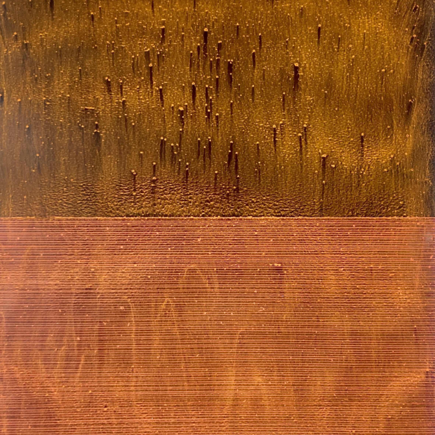An abstract painting in two halves. The top half is a rust colour with textured surface. Bottom half is orange with horizontal lines.